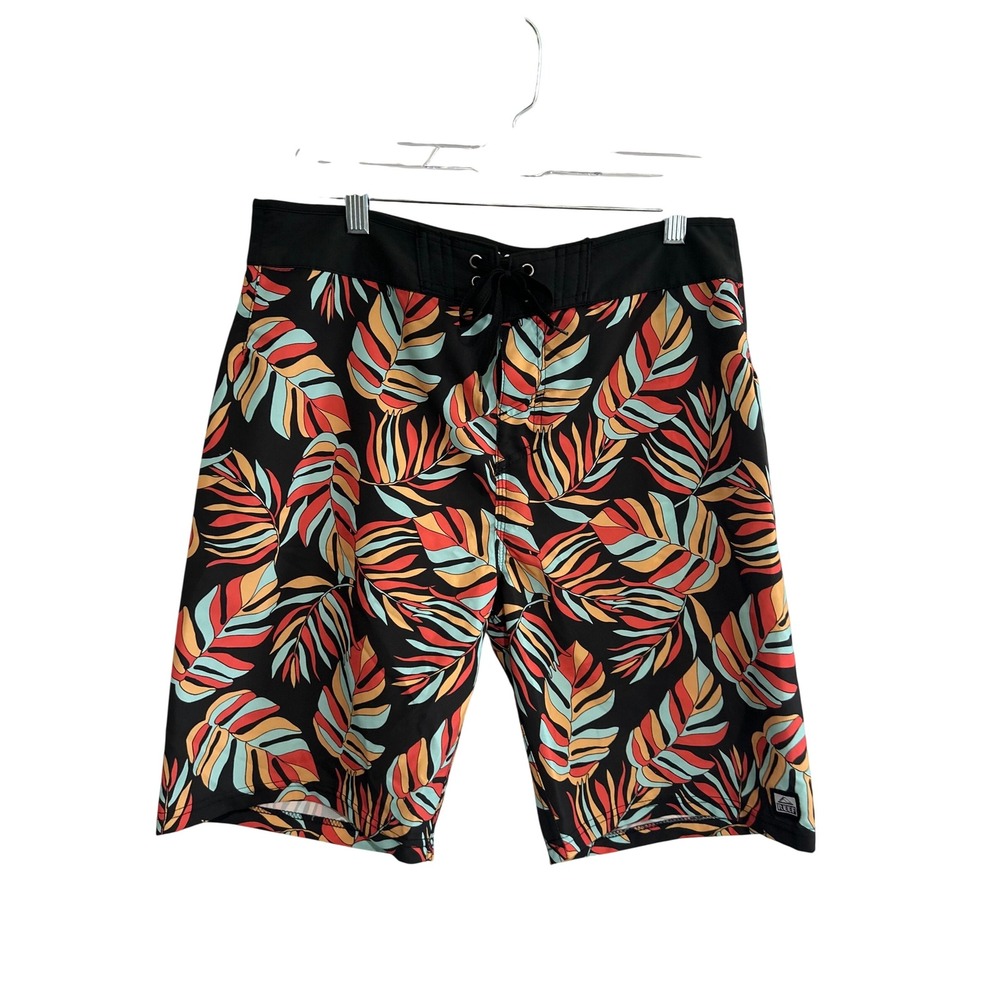 Reef Mens Tropical Palm Leaf Print Board Shorts Black Coral Teal Size 32